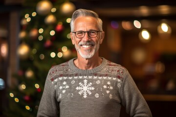 Wall Mural - Portrait of a senior man with glasses in front of a Christmas tree