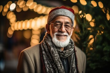 Wall Mural - Portrait of a senior man wearing glasses and a hat at Christmas market