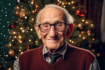 Wall Mural - Portrait of an elderly man with glasses on a background of a Christmas tree