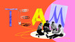 © master1305 - Employee sitting on floor and talking. Meeting, brainstorming, discussion of projects. Contemporary art collage. Well-coordinated and friendly team. Concept of business, office lifestyle, success