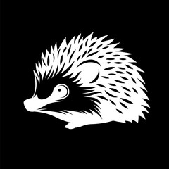 Wall Mural - Silhouetted hedgehog logo on a black background, featuring a white hedgehog in the style of characterized animals