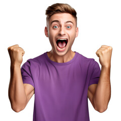 A young man in a purple shirt cheering up on a transparent background png isolated Generative Ai