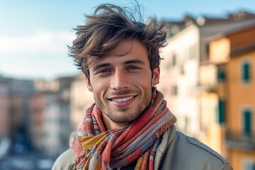 Handsome young man portrait, standing looking at the camera, joyful and optimistic. Generative Ai.
