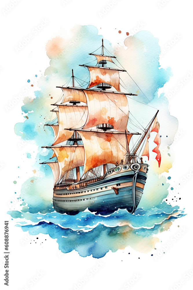 pirate ship watercolor clipart cute isolated on white background Stock ...