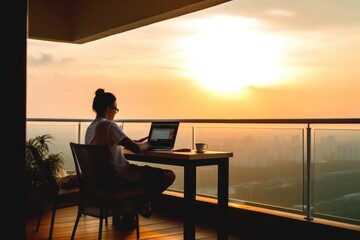 freelance person working balcony of hotel room. beautiful sunset and view on the sea side. created w