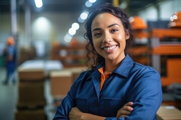 Wall Mural - smiling hispanic female factory worker posing looking at the camera. Generative AI	