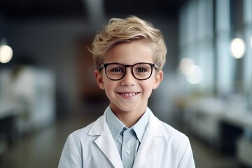 Wall Mural - Portrait of cute little boy in lab coat and eyeglasses looking at camera