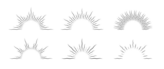 Poster - Half curved sunburst frame set. Vintage sunrise and sunset collection. Warped half circle sunlight rays pack. Retro sunbeams design element for logo, label, badge, banner, icon. Vector bundle