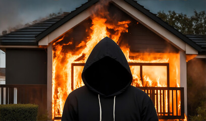 Hacker in black hoodie and mask that hides his face on outside burning house background from Generative AI