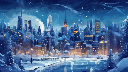 Sticker - A winter with frost and snowflakes cityscape