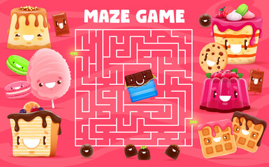Aufkleber - Labyrinth maze help to chocolate character find an exit and friends. Kids cartoon vector worksheet task with board game with cute cake, macaroon, candy cotton and pie. Waffle, jelly pudding, cookie
