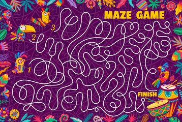 Poster - Labyrinth maze game help parrot find his friends. Kids vector worksheet, boardgame puzzle with tangled path and cartoon tropical birds alebrije characters. Educational children riddle quiz