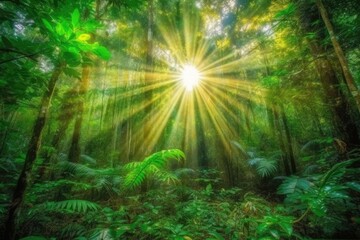 Poster - sunlight filtering through trees in a dense forest Generative AI