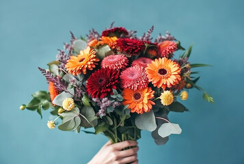 Female hand holds a bouquet of flowers on blue background close-up, created with Generative AI technology.