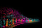 Fototapeta Przestrzenne - Colorful Side View Of Going People On Road Create With Mandala Neon Lights, Generative, Ai