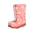pair of pink rubber boots with polka dots Hand drawn pastel digital watercolor paint sketch. Kids boots for boys and girls. Close up isolated element for seasonal spring summer autumn decoration.