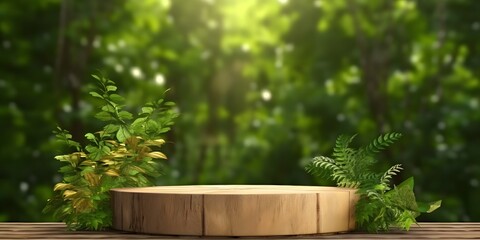 Wooden product display podium with green nature garden background
