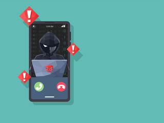 Wall Mural - Beware of the criminal. Smartphone call from unknown or stranger number. Scam, Prank, Fraud, and phishing on a mobile phone. Vector illustration flat design.
