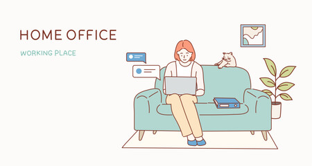 Wall Mural - working at home concept, coworking space flat illustration. woman with laptop on the sofa. freelance