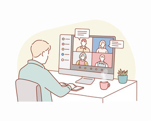 Wall Mural - stay and work from home. video conference illustration. workplace, laptop screen, group of people ta