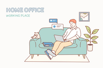 Wall Mural - working at home concept, coworking space flat illustration. man with laptop on the sofa. freelance o