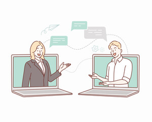 two businessmen talk through laptop screens. online communication and business meeting.hand drawn st