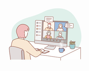 Wall Mural - stay and work from home. video conference illustration. workplace, laptop screen, group of people ta