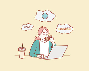 Wall Mural - female hungry eat doughnut take away snack food with full mouth look at computer notebook. hand draw