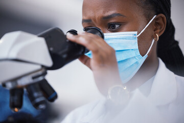 Canvas Print - Medical, analysis and microscope for woman scientist in laboratory for research, experiment and innovation. Healthcare, investigation and lady health expert with lab equipment for future development