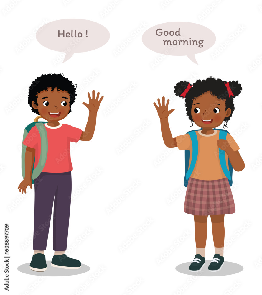 Cute African school kids say hello greeting good morning to each other