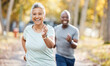 © Wesley J/peopleimages.com - Health, race and running with old couple in park for fitness, workout and exercise. Wellness, retirement and happy with senior black man and woman training in nature for motivation, sports and cardio