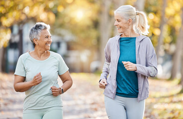 Wall Mural - Health, friends and running with old women in park for fitness, workout and exercise. Wellness, retirement and happy with senior people training in nature for motivation, sports and cardio