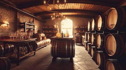 Wall Mural - A real modern stylish wine cellar with barrels, a cozy winery. Generative AI