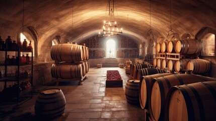 Wall Mural - A real modern stylish wine cellar with barrels, a cozy winery. Generative AI