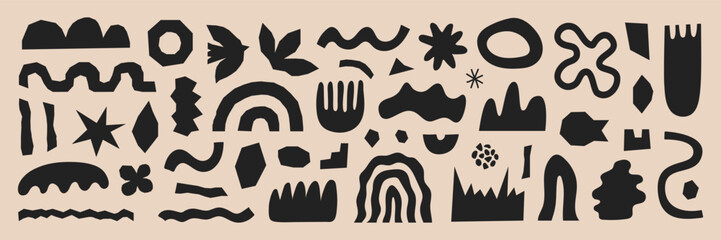 Poster - Abstract organic shapes with black geometric cutting doodles. Trendy random shapes. Vector illustration