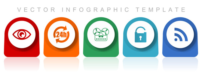 Leinwandbilder - Media icon set, flat design miscellaneous colorful icons such as eye, 24h, music recorder, padlock and signal for webdesign and mobile applications, infographic vector template in eps 10
