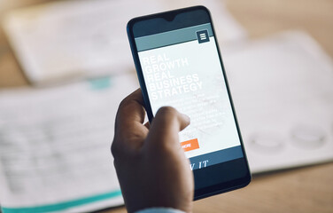 Poster - Phone, research and strategy with a business man at a desk in his office for work while planning growth. Hand, mobile and internet with a male employee reading information or data online closeup