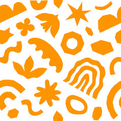Poster - Abstract seamless pattern with orange geometric cutting doodles. Trendy random shapes on a white background. Vector illustration
