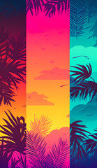 Wall Mural - Summer neon background, cyber purple, vivid colors of lights on palm leaves. Cyberpunk tropical exotic flat lay background. Illustration. Generative AI.