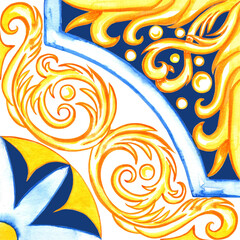 Majolica watercolor seamless pattern. Sicilian hand drawn ornament. Traditional blue and yellow ceramic tiles. Portuguese traditional azulejo pattern. Moroccan style..