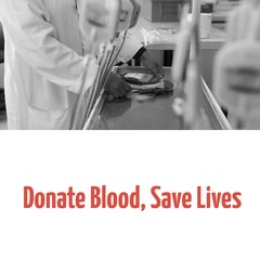 Poster - Composite of donate blood, save lives text and midsection of african american doctor with blood bag