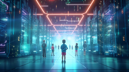 Digital graphics Futuristic 3D Concept, Big Data Center Chief Technology Officer Using Laptop Standing In Warehouse, Information Digitalization Lines, technology and data, Generative AI.	