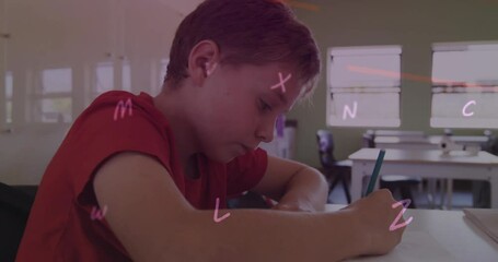 Poster - Animation of looping letters and line over caucasian boy writing in book at classroom