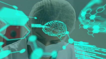 Poster - animation of molecule structures, computer language, brains, female caucasian doctor wearing mask