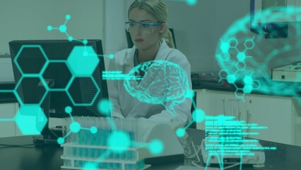 Poster - animation of molecule structures, computer language, brains, caucasian scientist working on laptop