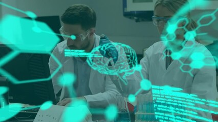 Poster - animation of computer language, molecule structures, diverse researcher working in laboratory