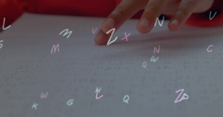 Poster - Animation of looping letters over cropped hand of blind student reading book in classroom