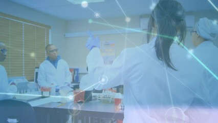 Poster - Animation of connected dots over diverse scientist discussing reports in laboratory