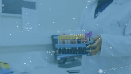 Poster - Animation of connected dots, changing numbers over midsection of scientist carrying test tubes