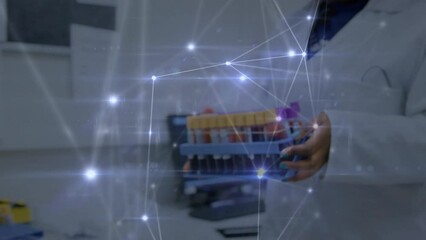Poster - Animation of connected dots and lens flares midsection of scientist carrying test tubes